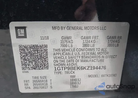 2019 GMC Sierra 1500 Sle z USA, uszkodzony, nr VIN 1GTP9BEK6KZ194476